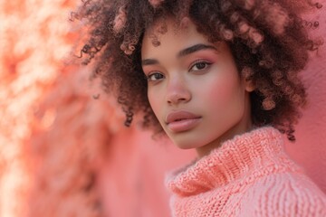 an afroamerican girl wearing a peach color sweater with flowers