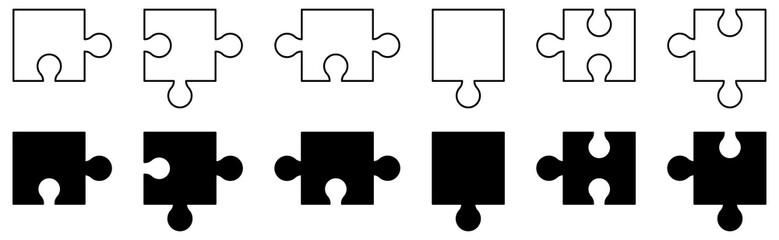 Set of puzzle pieces icons in flat and line art style. Game with details. Vector illustration