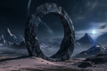 a portal to another world, 8th dimension portal, scifi, holohraphic, unique odd sci-fi fantasy design, dune theme, night sky - obrazy, fototapety, plakaty