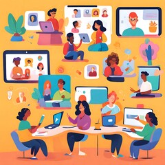 Illustration of employees from different races multitasking, taking meetings, attending calls, group sessions, meeting with clients, managing social media. Workspace environment