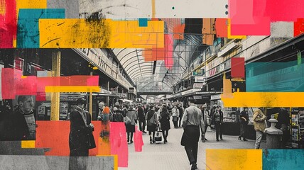 Market Evolution: Traditional Scene with Digital Marketing Overlay

