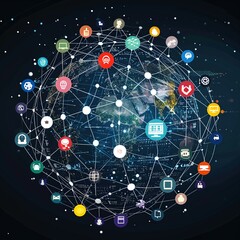 Global Connectivity in Industry 4.0: Digital Icons Around Globe

