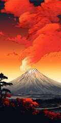 Classic Japanese painting with landscape of mountain during sunset