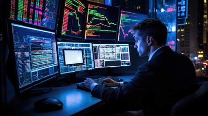 A trader concentrate focusing on computer screen in work.