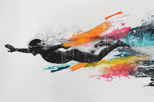 Minimalist Swimmer with Colorful Splash in Monochrome

