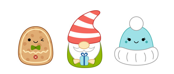 Gingerbread man, Christmas dwarf, blue hat. Squishmallow. Pillow. Cartoon, kawaii, vector