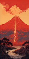 landscape illustration, a vulcano, abstract, in the syle of Japanese mountain 