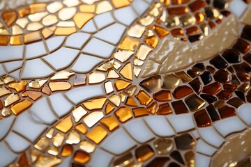 Golden mosaic glass pattern on white background, close up, abstract background