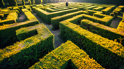 Topiary maze in a green garden with symmetrical patterns and ornamental shapes. - obrazy, fototapety, plakaty
