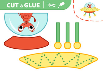 Red alien in yellow flying saucer. Cut and glue. UFO. Applique. Paper game. Vector