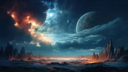 Foto op Canvas Alien land landscape with giant planet and mountains. Fantasy wall paper. © Joyce