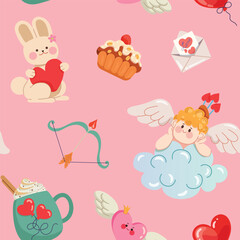 Obraz na płótnie Canvas Valentines day seamless pattern with cupid, love arrow, bunny, cake and heart. Cute repeated background for card, Birthday and wedding decor, wrapping paper, packaging, and fabric. Vector illustration