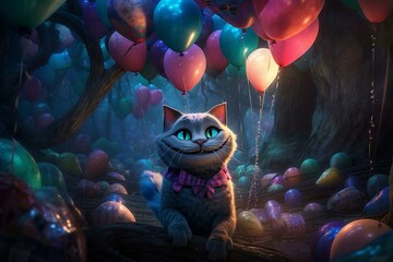 Cheshire cat enjoys New Year in magical Wonderland, gazes at vibrant balloons and mesmerizing fireworks. Generative AI - obrazy, fototapety, plakaty