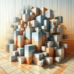 Abstract 3d rendering of geometric shapes. Composition with squares