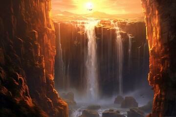 A radiant sun shines on a majestic waterfall with cascading water. Generative AI