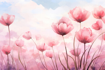 Obraz premium Colorful Blooming Floral Beauty in a Fresh Meadow: A Vintage Painting of a Vibrant Pink Tulip Field, With Bright Blue Sky as Romantic Background.
