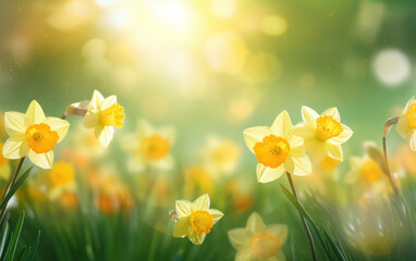Narcissus Blossoms in Yellow: A Vibrant Spring Meadow with Blooming Daffodils, Petals, and Fresh Green Leaves under the Sunny Blue Sky - A Floral Celebration of Beauty and Joy!