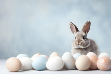 Naklejka na ściany i meble Cute gray bunny with easter eggs on blue background with copy space