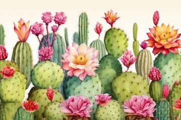 Fototapeta premium Watercolor seamless border cactus pattern.
