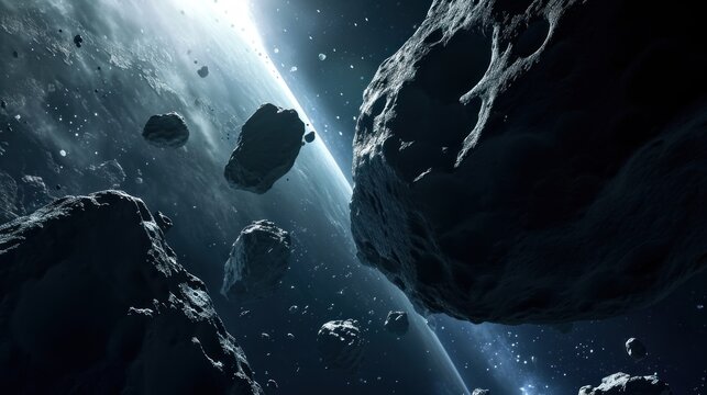 Close-up view of asteroid floating in space in large quantity.