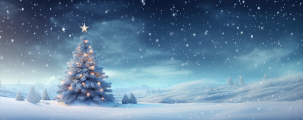Obraz na płótnie Canvas Beautiful christmas tree in fairytale snowy landscape. Wallpaper and background.