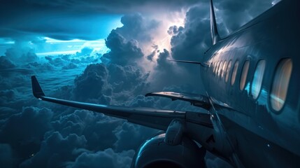 Airplane in flight in thunder storm cloud with lightning bolt.