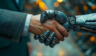 Close-up Businessman handshaking an android robot. Generative AI