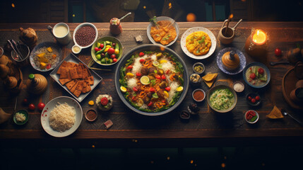 A colorful spread of traditional Ramadhan food, including dates, samosas, and biryani - obrazy, fototapety, plakaty