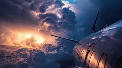Airplane in flight in thunder storm cloud with lightning bolt. - obrazy, fototapety, plakaty