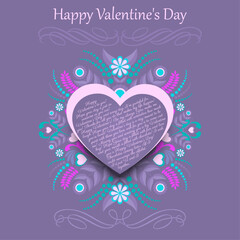 Valentines day card with traditional congratulations text in frame of heart shape. Vector illustration pink heart on colorful floral pattern and violet background with lettering Happy valentine day.