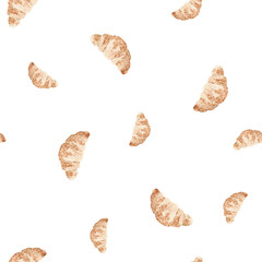 Watercolor illustration seamless pattern background with croissants.