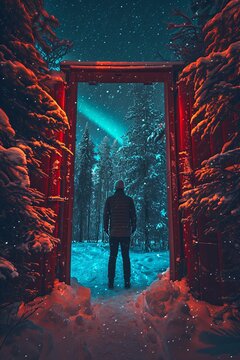 Person standing in the middle of a red painted wooden door frame, the door is swung open behind him, the door frame is in the middle of a snowy pine forrest at light, moon aurora borealis.