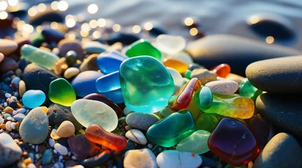Poster Colorful gemstones on a beach. Polish textured sea glass and stones on the seashore. Green, blue shiny glass with multi-colored sea pebbles close-up.  © paulmalaianu