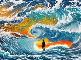 Abstrakte Illustration der Silhouette eines Menschen am Meer mit großen Wellen - obrazy, fototapety, plakaty