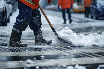 Worker cleans the road from snow with a shovel in the city - obrazy, fototapety, plakaty