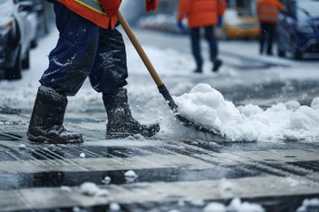 Poster Worker cleans the road from snow with a shovel in the city © nudjaree
