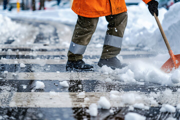 Close-up of a man shoveling snow on the crosswalk - obrazy, fototapety, plakaty
