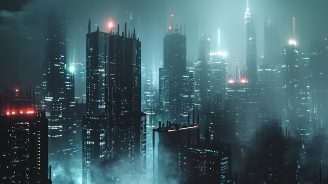 Cold winter with heavy snow of a futuristic city with modern skyscraper buildings.