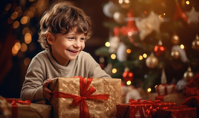 Fototapeta na wymiar Happy cute boy is surprised in opening his christmas presents