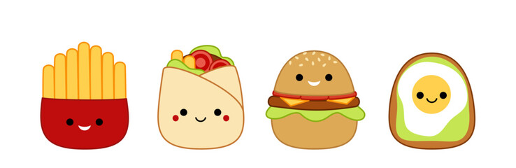 Fast food. French fries, doner kebab, cheeseburger, sandwich, burger. Squishmallow. Kawaii, vector - obrazy, fototapety, plakaty