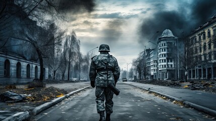 A courageous soldier traverses a desolated landscape, embodying bravery and resilience in the face of adversity.