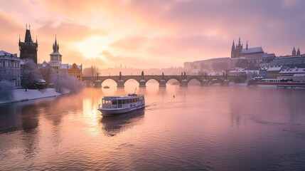 Naklejka premium Charles bridghe with beautiful historical buildings at sunrise in winter in Prague city in Czech Republic in Europe.