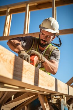 A middle-aged Caucasian man is working on the construction of a wooden frame house.