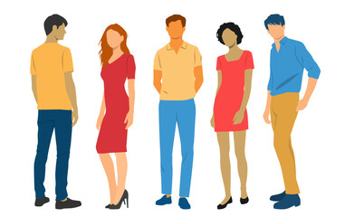 Obraz premium Set of young men and women , different colors, cartoon character, group of silhouettes of standing business people, students, design concept of flat icon, isolated on white background