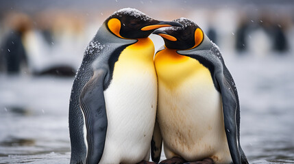Amazing Close up of King Penguins Showing Affection in Volunteer Point, Falkland Islands , Generate AI