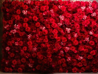 A wall of flowers in the background filled with red roses