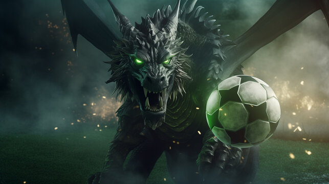 A powerful black dragon with green eyes chases a soccer ball against the turf of a football field. Fantastic character with fangs and wings amid smoke photorealistic design.