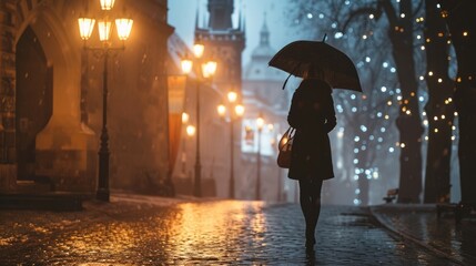 Silhouette of a girl with umbrella walking in rain in street with historic buildings in the city of Prague, Czech Republic in Europe.
