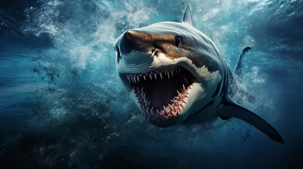 Foto op Aluminium Angry Shark Face Blue Ocean Vector Artwork, Shark, Animal , Generate AI © VinaAmeliaGRPHIC