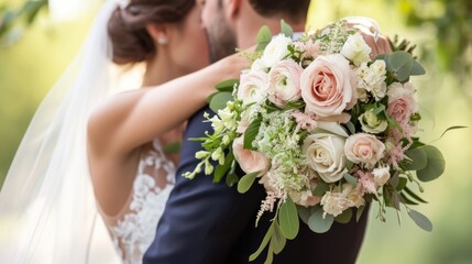 close up of a bride and groom hugging with wedding bouquet in focus   